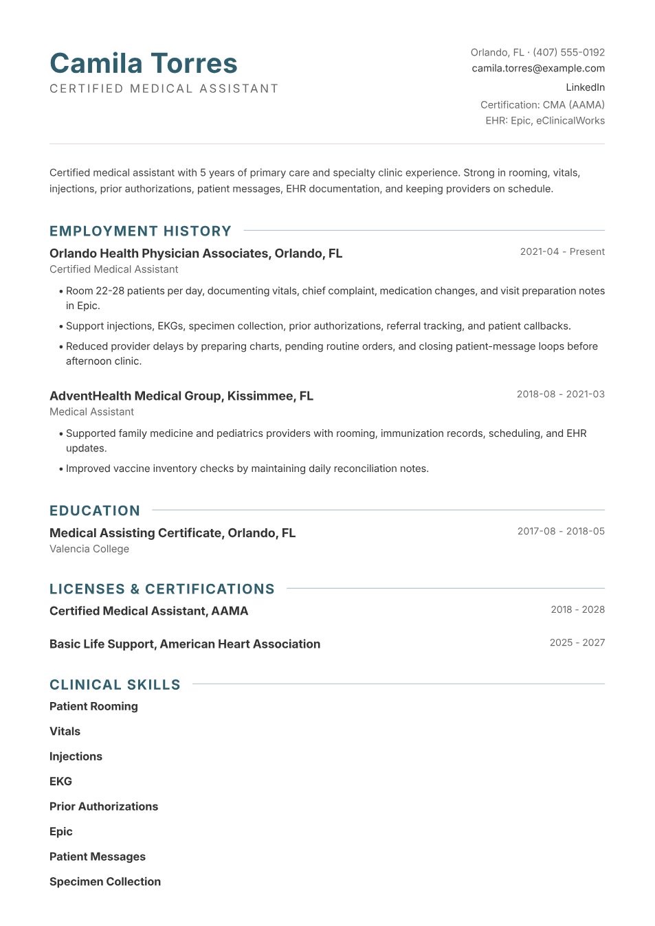 Filled medical assistant resume example preview using the Pemberton template