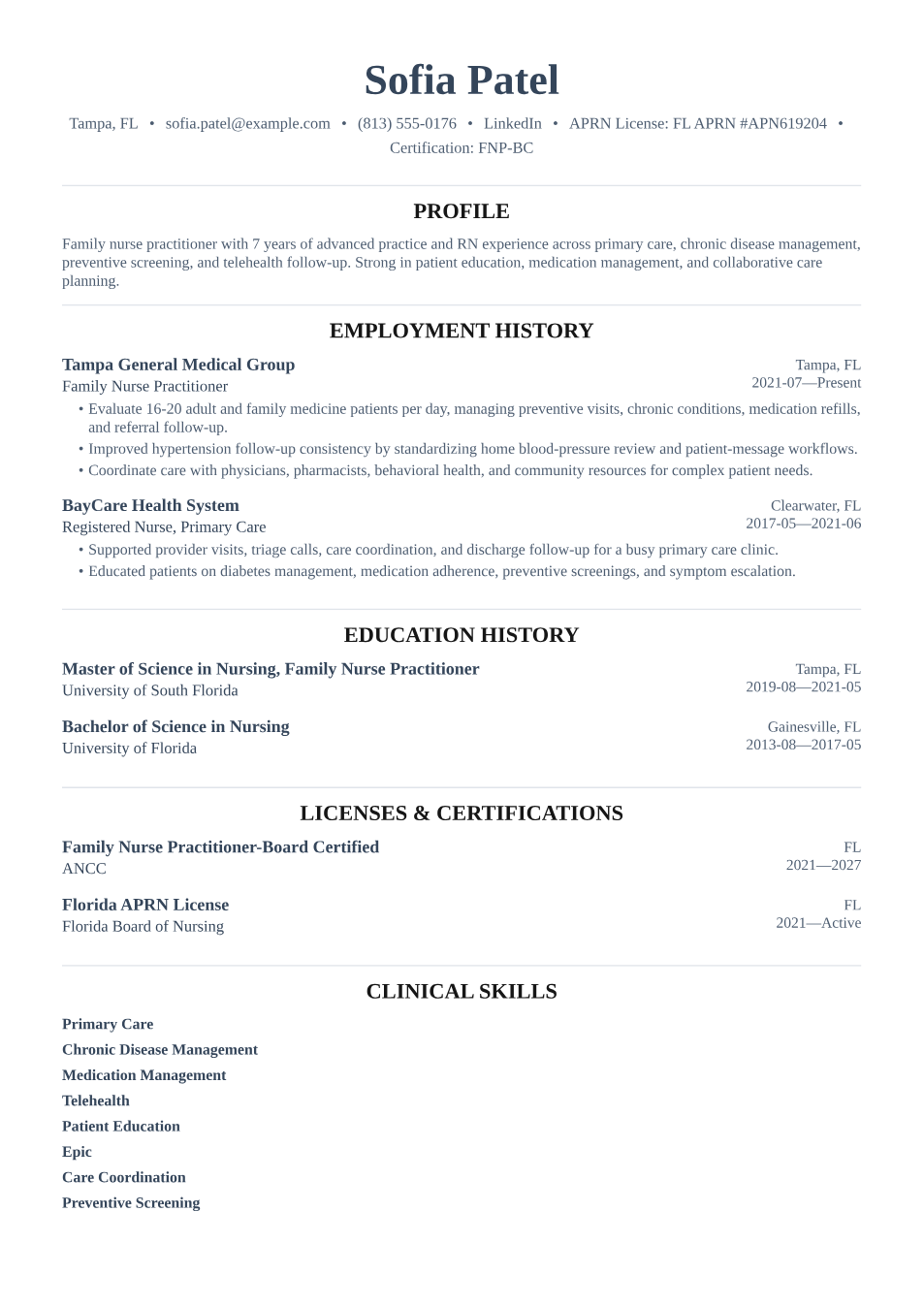 Filled nurse practitioner resume example preview using the Whitmore template