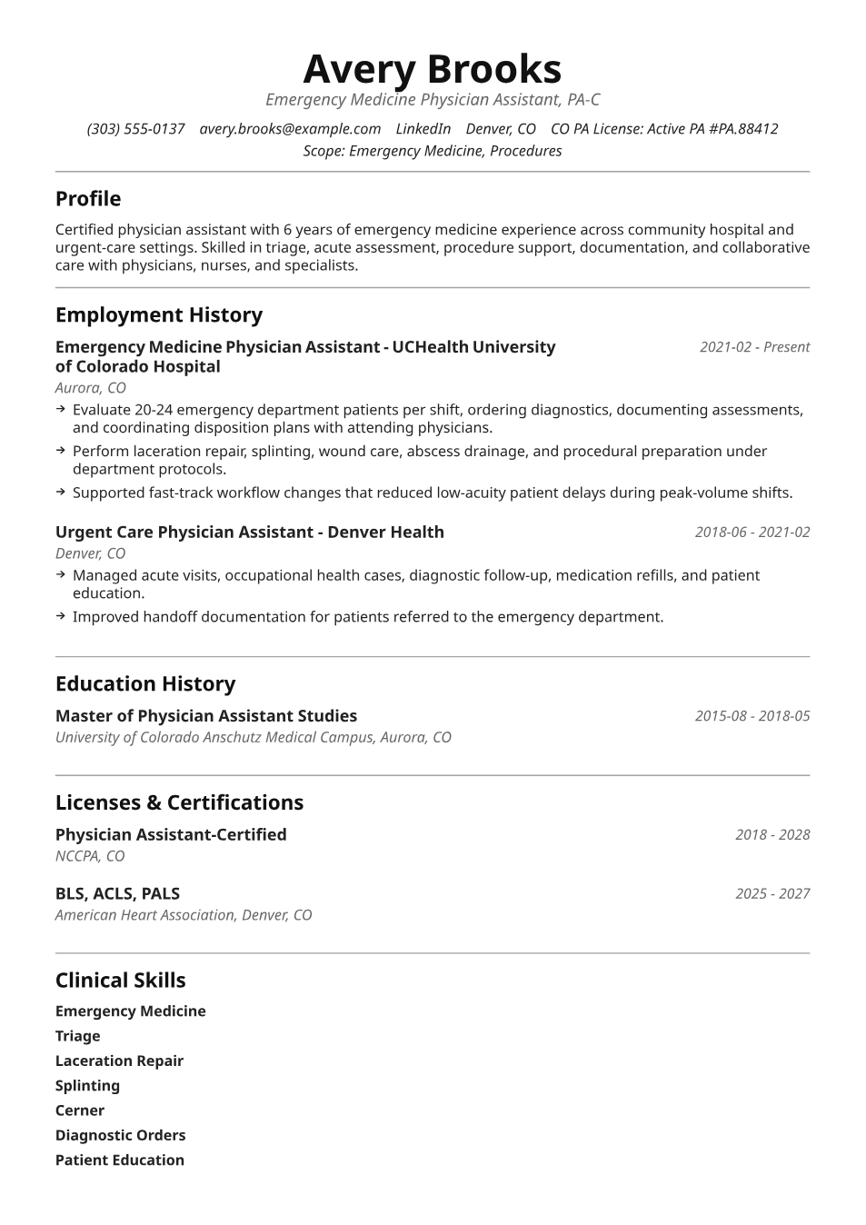 Filled physician assistant resume example preview using the Meridian template
