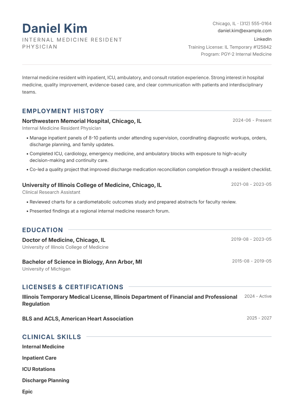 Filled resident physician resume example preview using the Pemberton template