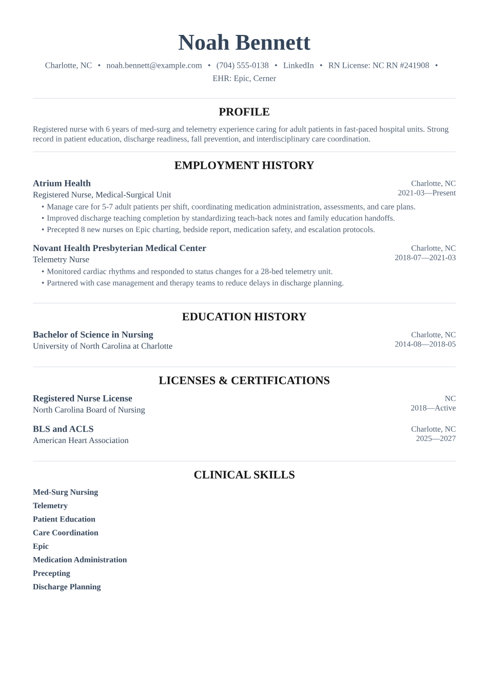 Filled registered nurse resume example with med-surg experience, telemetry, Epic, discharge planning, and certifications