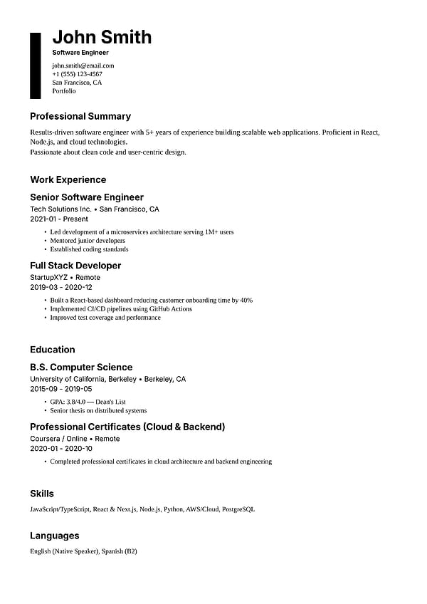 Berlin resume template with a bold vertical header accent and a single-column layout.