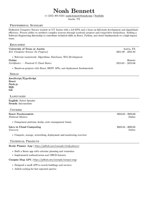 Jake's resume template preview with a compact single-column software engineering layout, centered contact header, ruled section headings, and ATS-friendly typography.