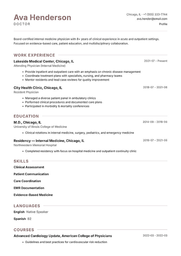 Pemberton professional resume template preview - single-column ATS-friendly design with elegant accent colors, ideal for corporate, healthcare, and law enforcement roles