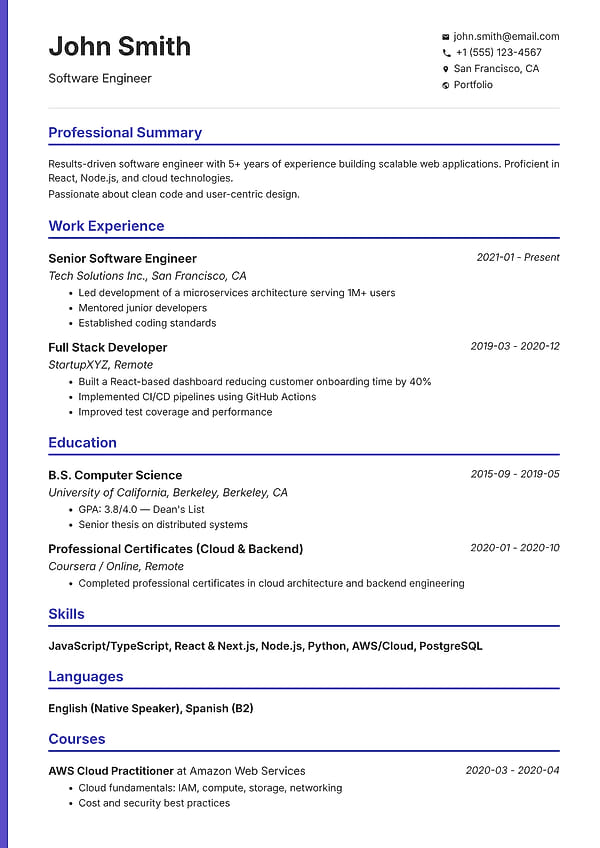 Sidebar professional resume template preview - modern one-column ATS-friendly layout with sidebar for impact
