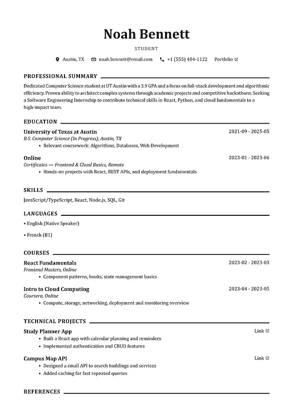 Sterling resume template with elegant serif typography, centered contact header, and classic ruled sections.