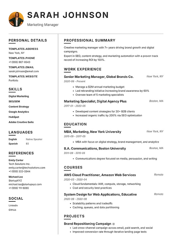 Taylor professional resume template preview - clean, modern, ATS-friendly layout with balanced sections for experience, skills, and education