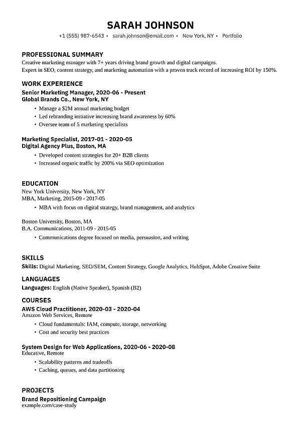 Vienna resume template with a centered name, serif typography, and a single-column layout.