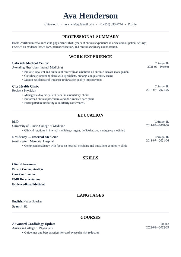 Whitmore resume template with a centered serif masthead, fine dividers, and a classic one-column leadership layout.